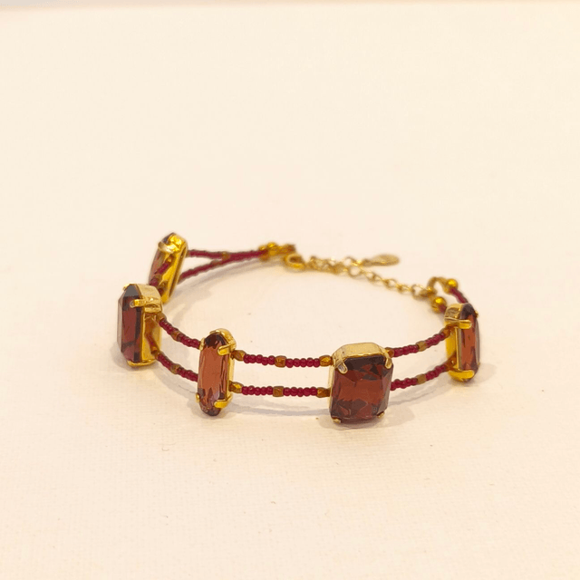 Bracelet Burgundy – Argent doré 24k, Gold filled 14k & cristal – Ajustable de 17,5 à 22,5 cm
