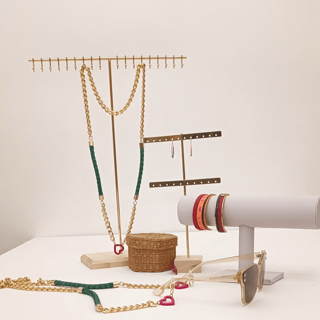 Bracelet manchette Love – Acier inox doré & simili cuir rose/vert 