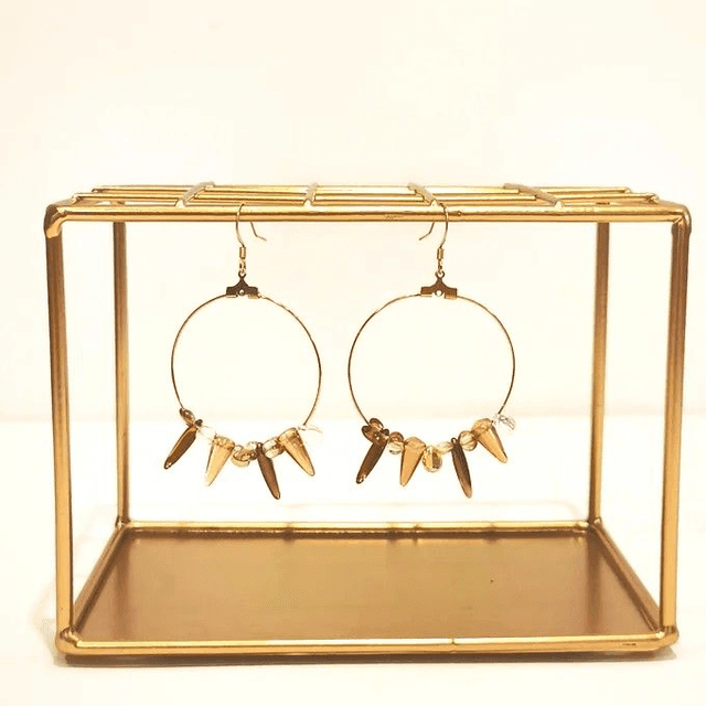 Boucles Cicerbita – Créoles dorées &amp; perles ambre cristal – Verre de Bohême – Pièce unique